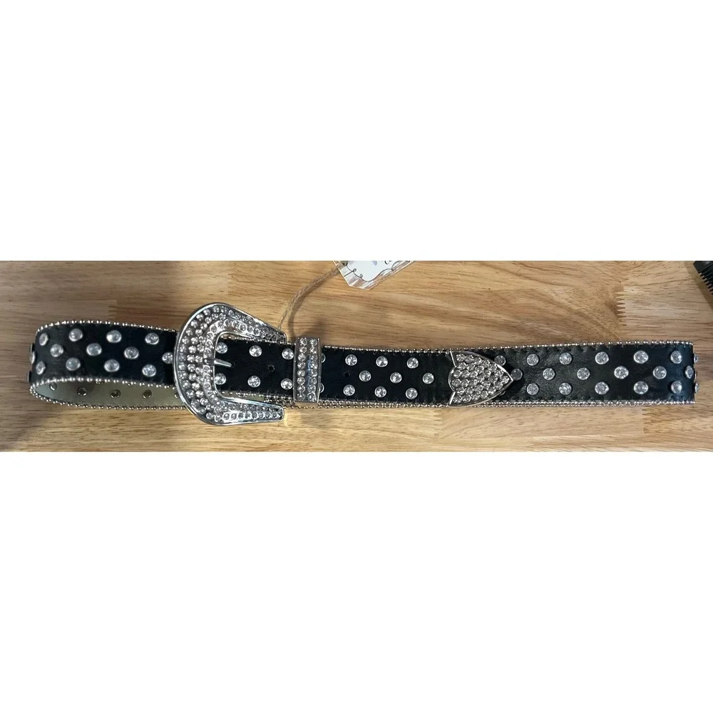 Womens Western Rhinestone Belt Black Silver Studded Bling Cowgirl  Medium‎ New